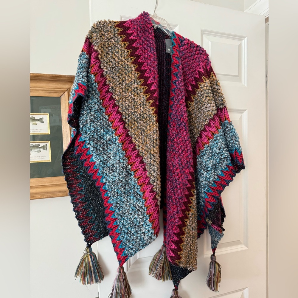 Anthropologie Multicolor Knit Shawl with Tassels one size New